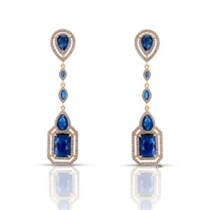 Bijoux Suisses Gisoo Jewels Boucles d'oreilles Royal Saphir - ELEGANCE 56, des pendants en cuivre environnemental plaqué or 18 carats, ornés de pierres de saphir bleu CZ